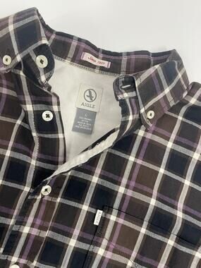 AIGLE Large Shirt Men’s Brown Purple Plaid Button Down Long Sleeve 100% Cotton #